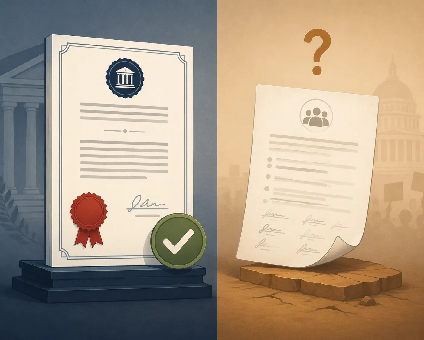 Two legal documents contrasted side by side: a sworn document with a seal and checkmark beside a thinner petition document marked with a question mark