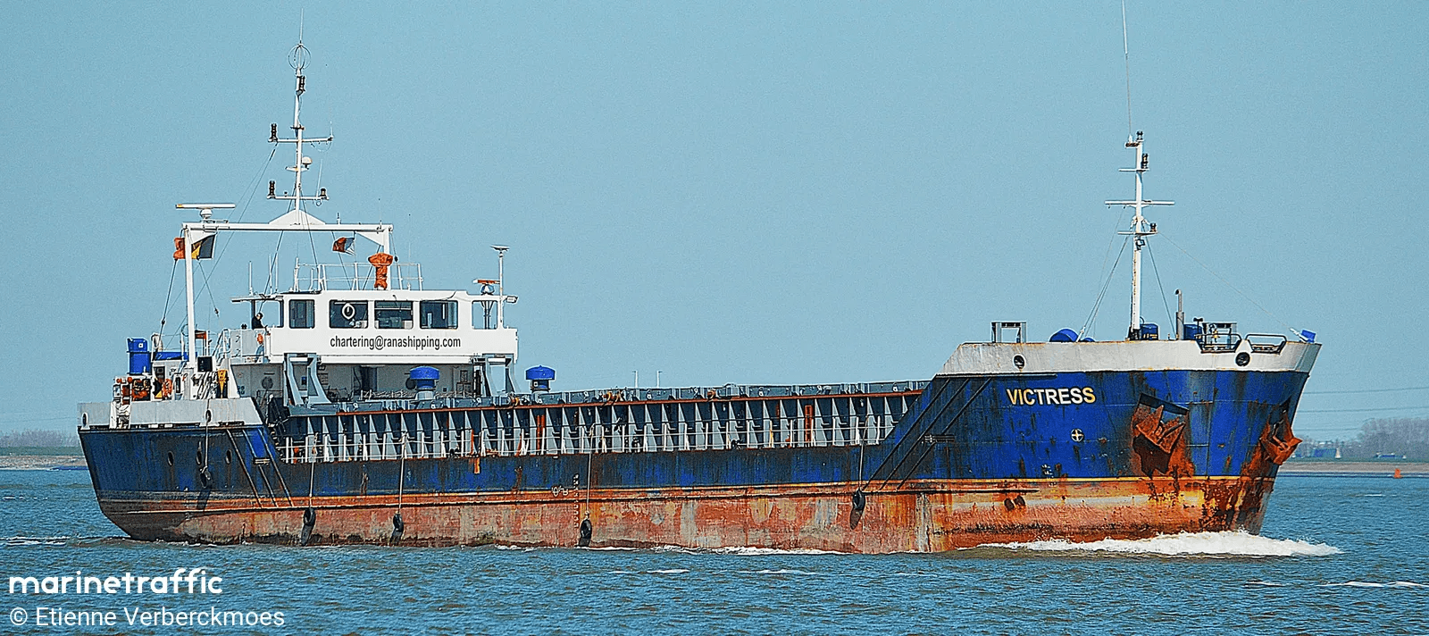 Panama-flagged cargo vessel MV Victress at sea under overcast sky