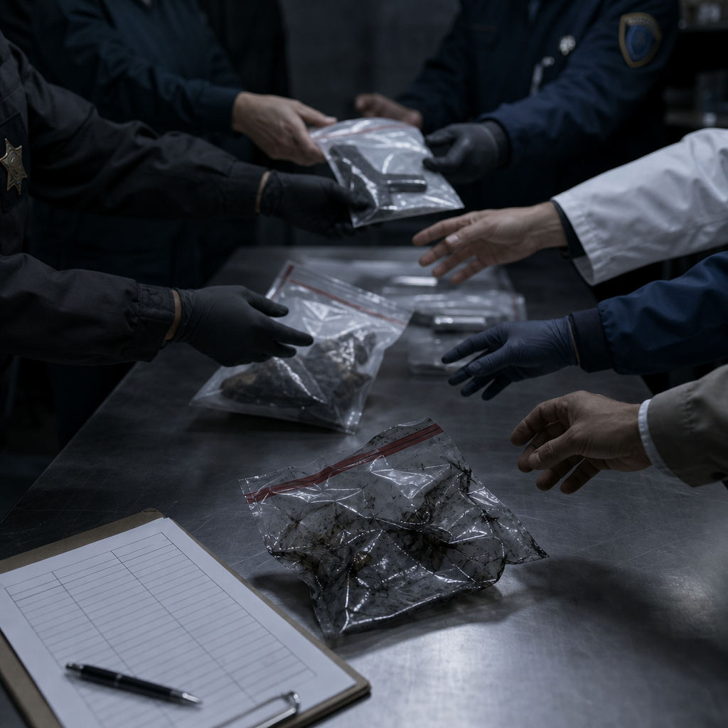 Multiple hands reaching for evidence bags with an empty sign-in log nearby