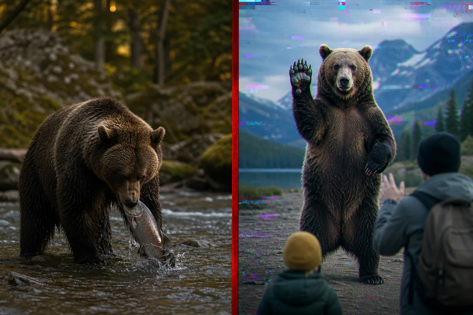Comparison between natural wildlife behavior and an impossible AI-generated animal interaction