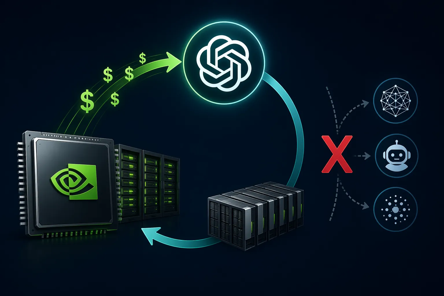 Diagram of NVIDIA capital flowing to OpenAI and returning as GPU purchases while rival AI developers face an exclusion barrier