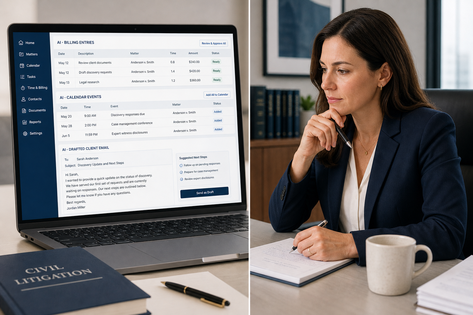 A solo attorney at a modern desk reviewing AI-generated billing entries, a calendar deadline event, and a drafted client email on a laptop, holding a pen to indicate active review rather than passive acceptance.
