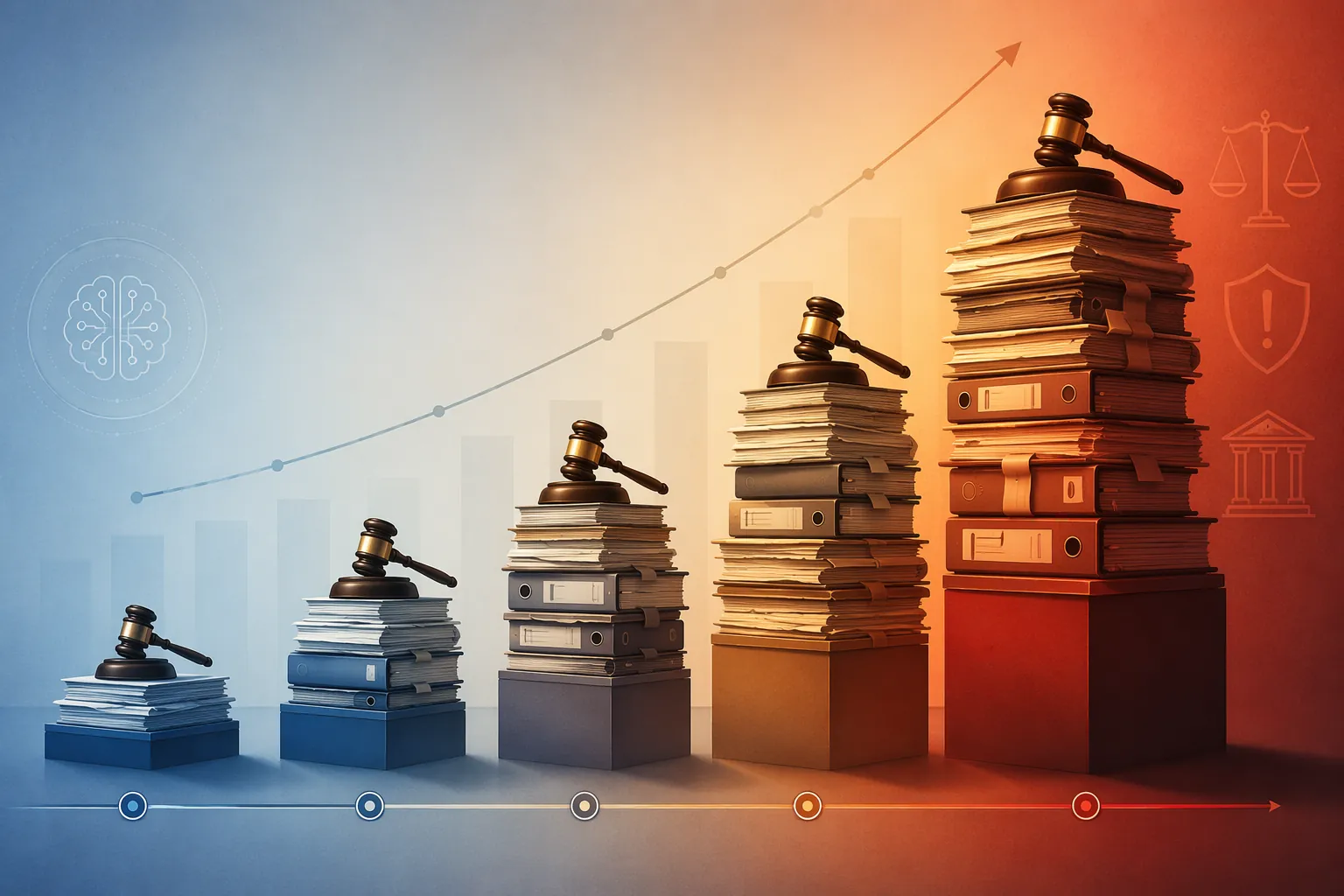 Stacked legal documents and gavels increasing in size to suggest escalating sanctions