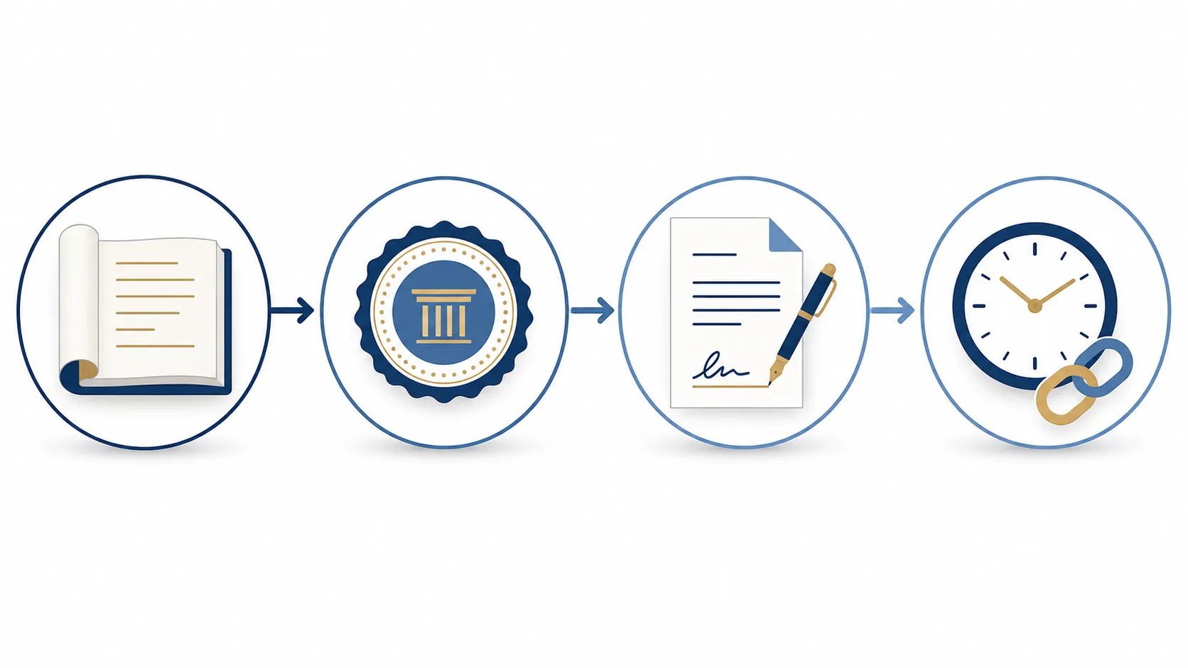 Four-panel process diagram showing statute, certification, contract signature, and clock