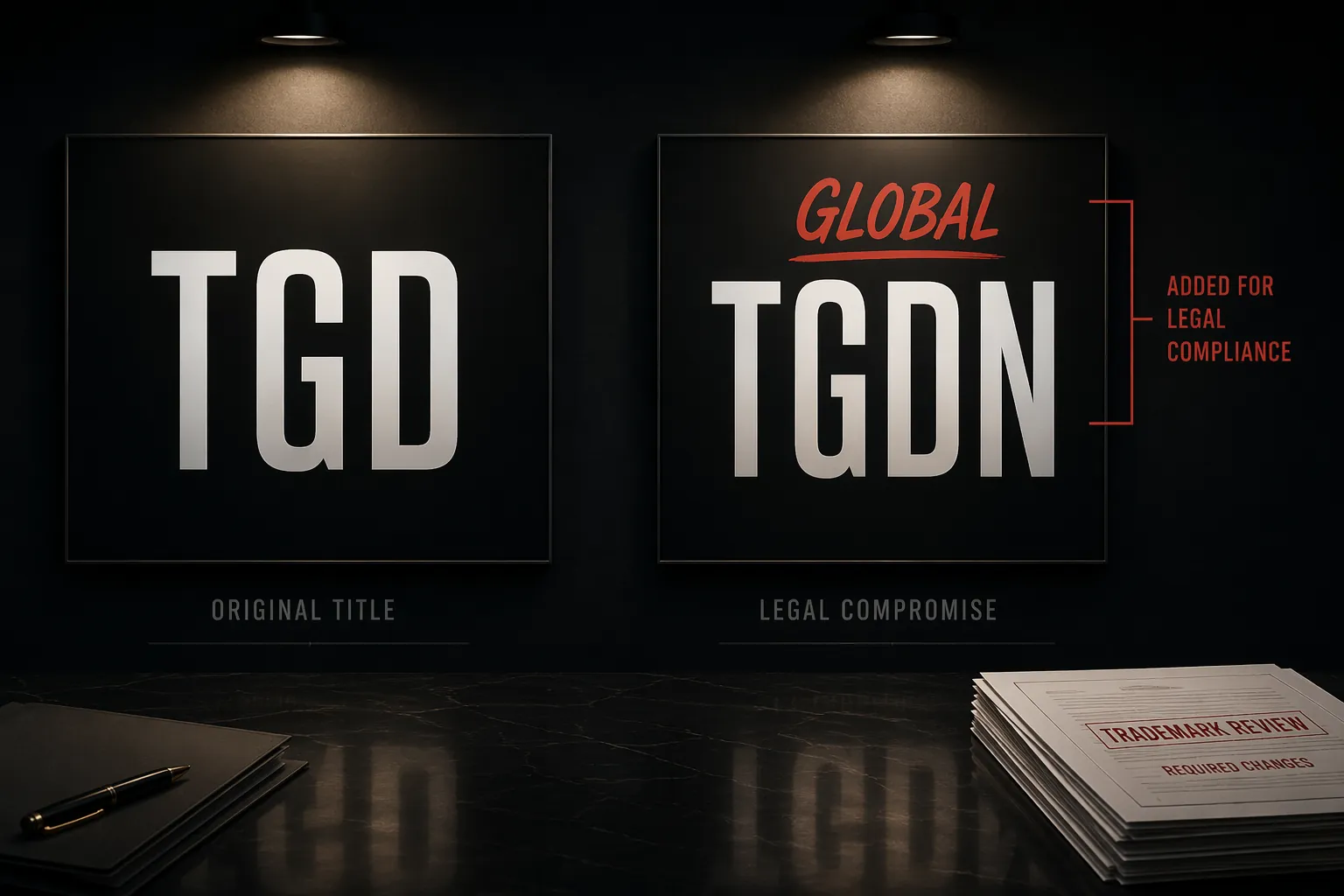 Two television acronym title cards shown as a tense studio naming compromise