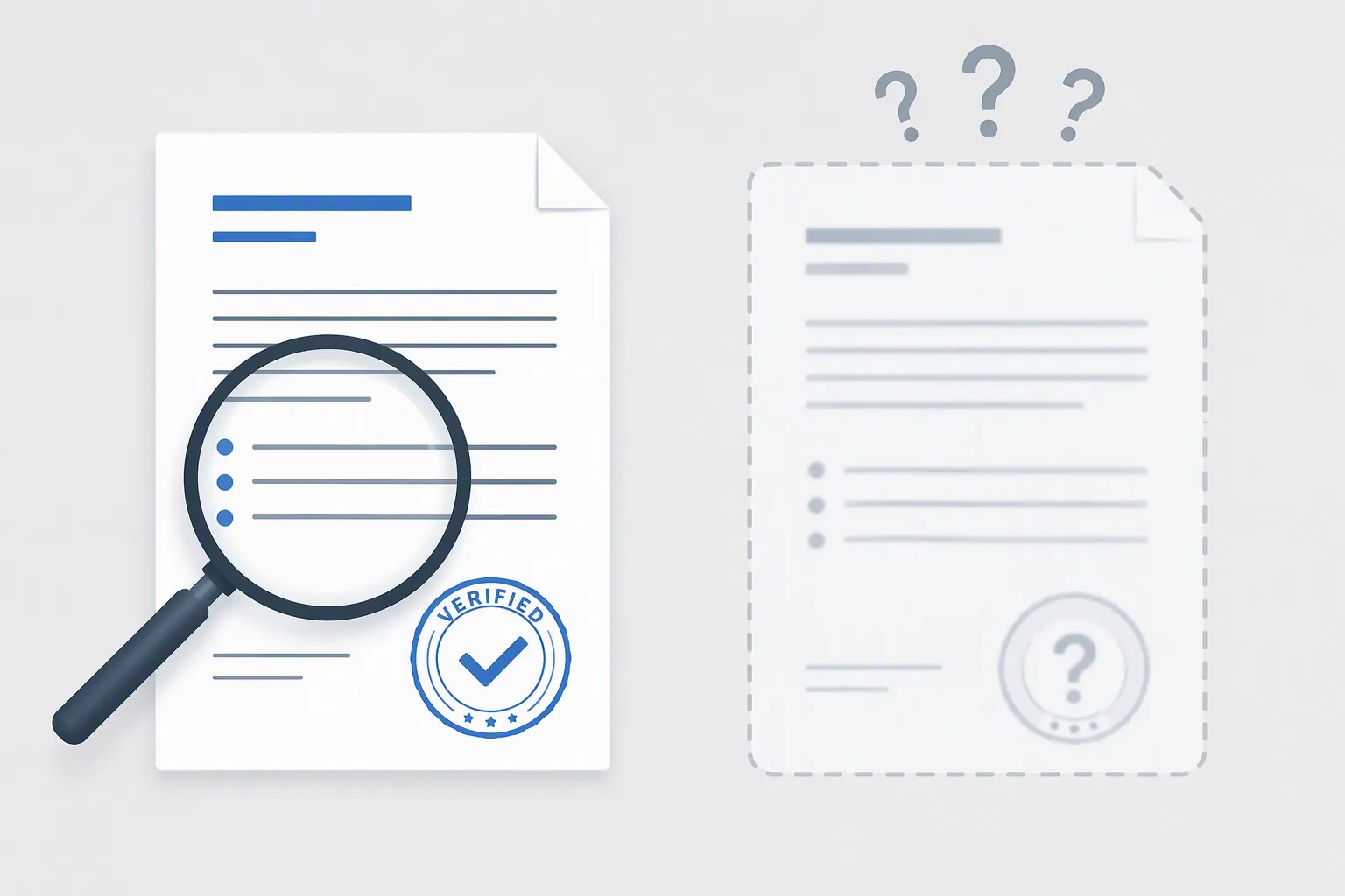 Split illustration of a verified legal document contrasted with a blurred document marked by question marks