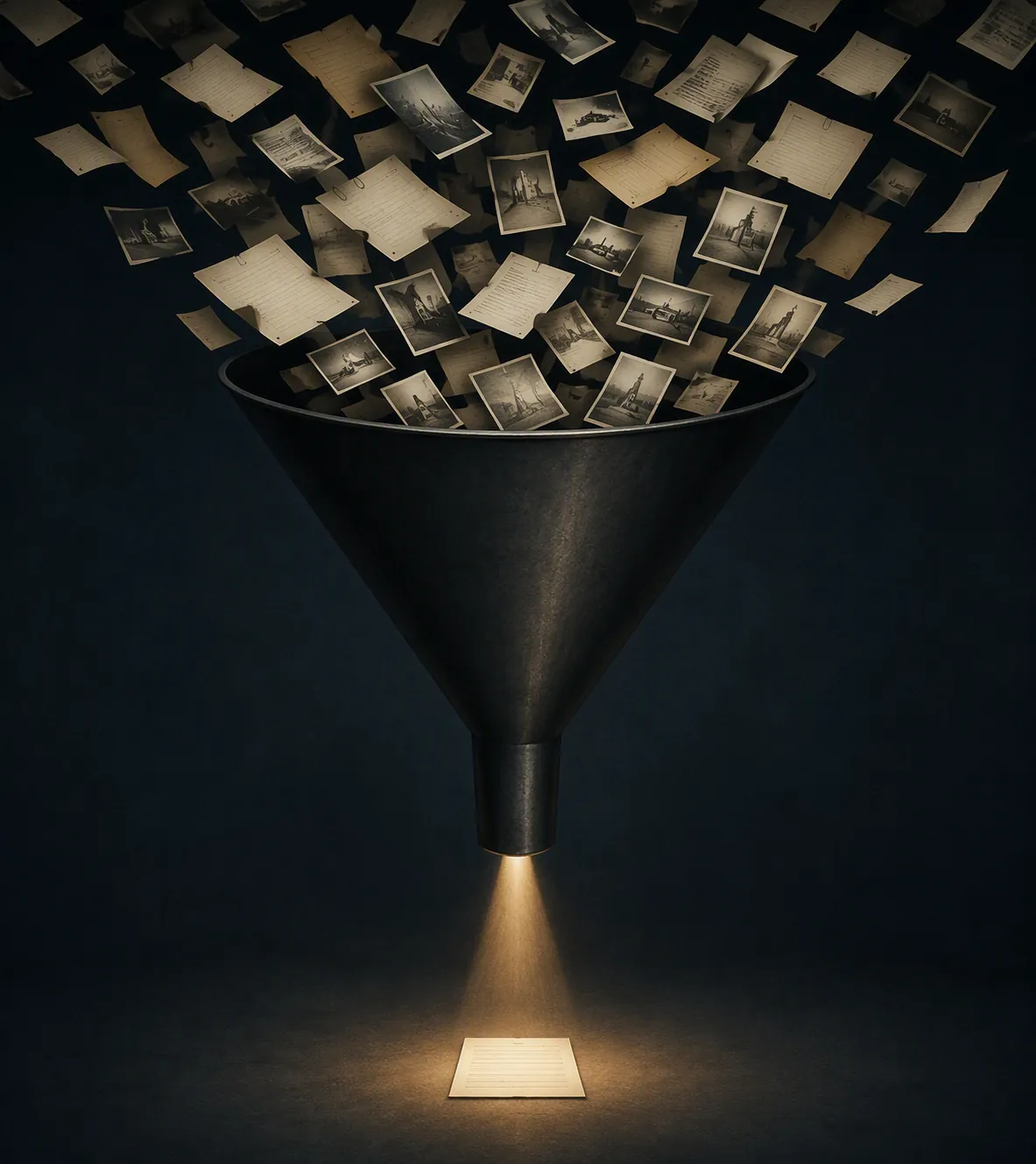 Abstract illustration of many case materials narrowing through a funnel into one legal question