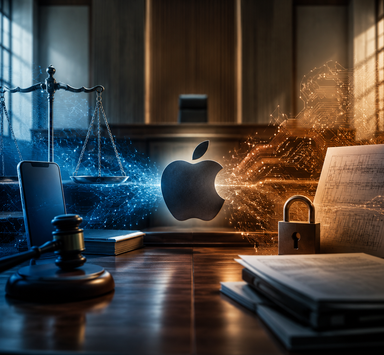 Split courtroom scene showing consumer false advertising claims on one side and trade secrets litigation on the other