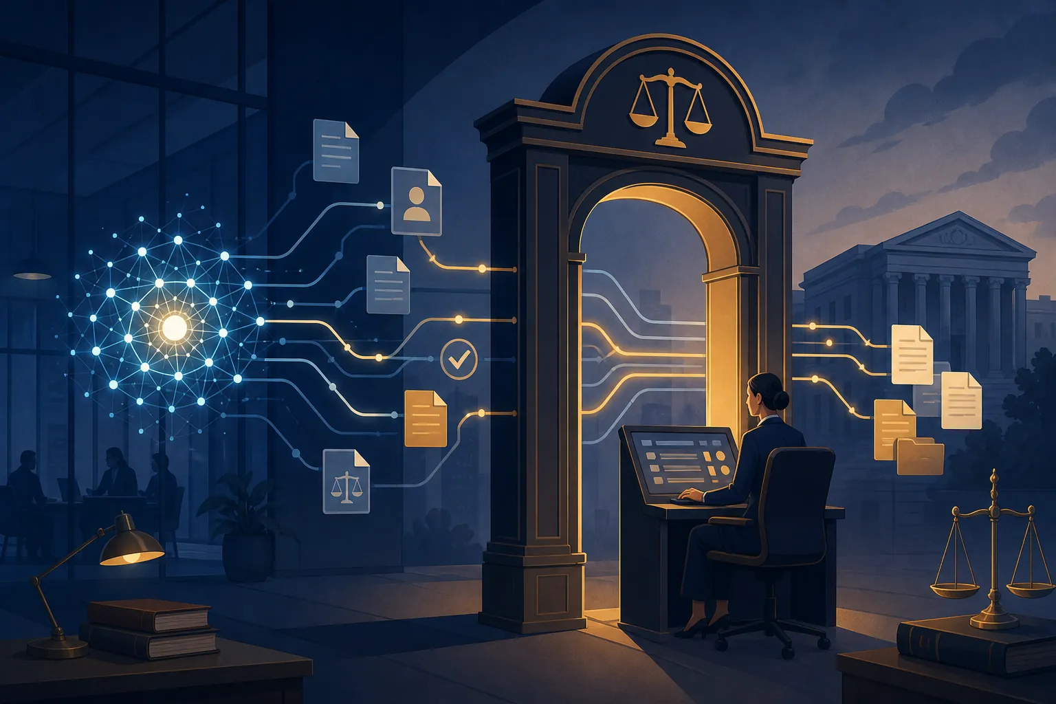Modern law firm interior with an agentic AI workflow routed through a human approval gate under a scales of justice emblem