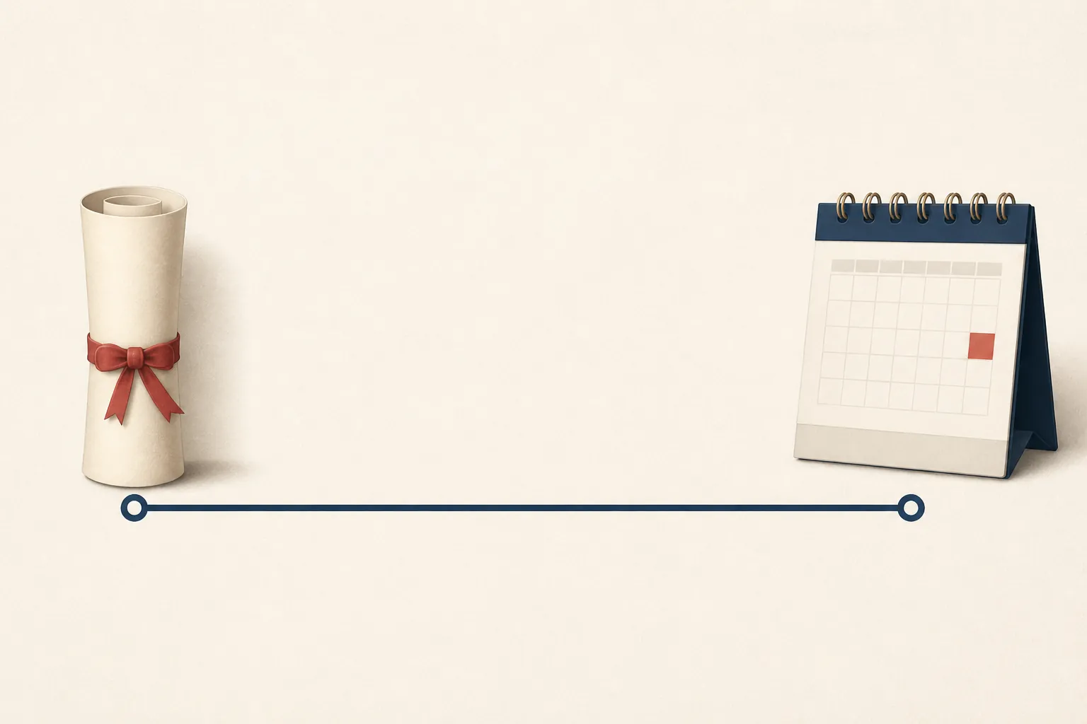 Minimal timeline illustration showing an official document separated from a future calendar date