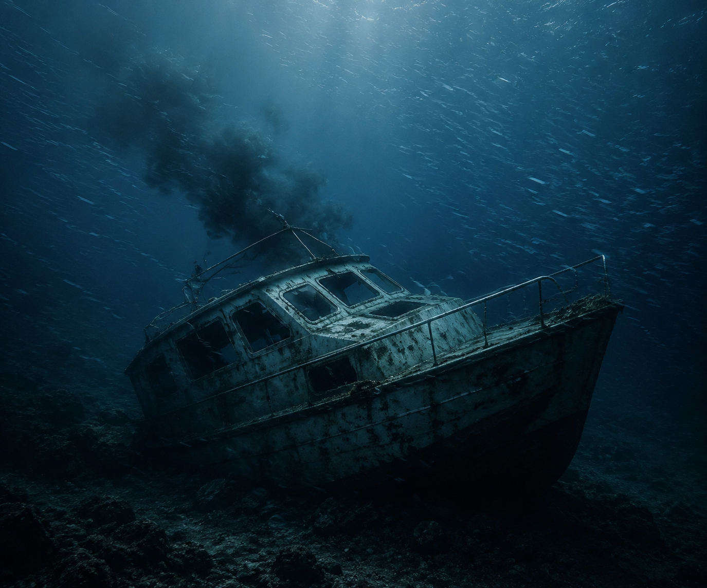 A small cabin cruiser wreck resting underwater with fuel sheen and visible current