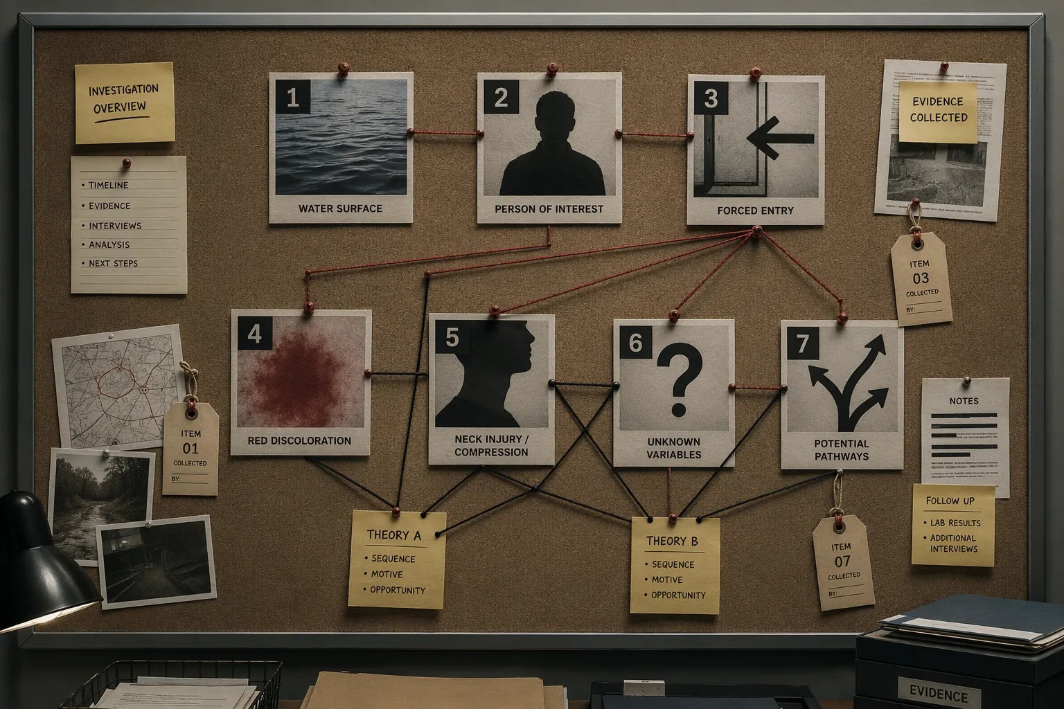 Forensic evidence board with seven numbered investigative markers branching into competing theories