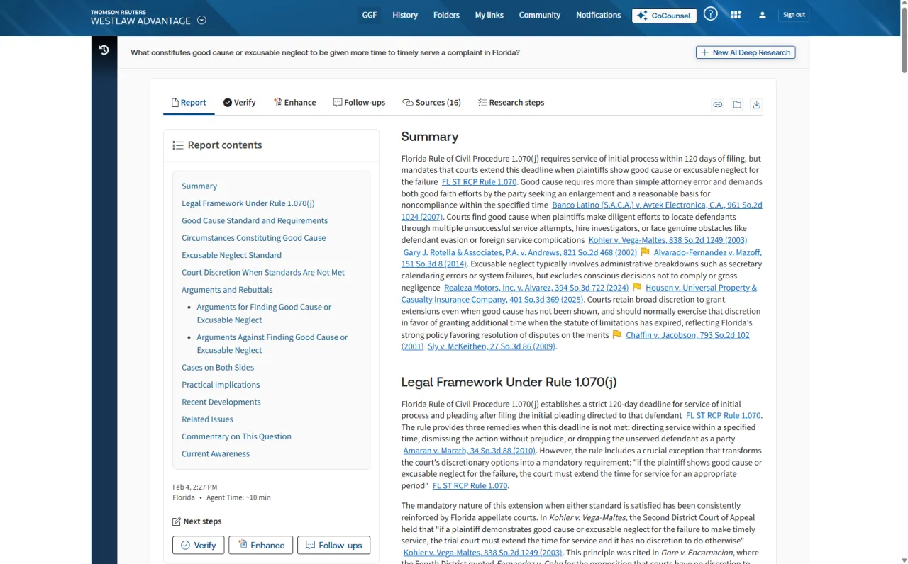 Westlaw Advantage Deep Research report interface showing an AI-generated research summary and listed legal sources
