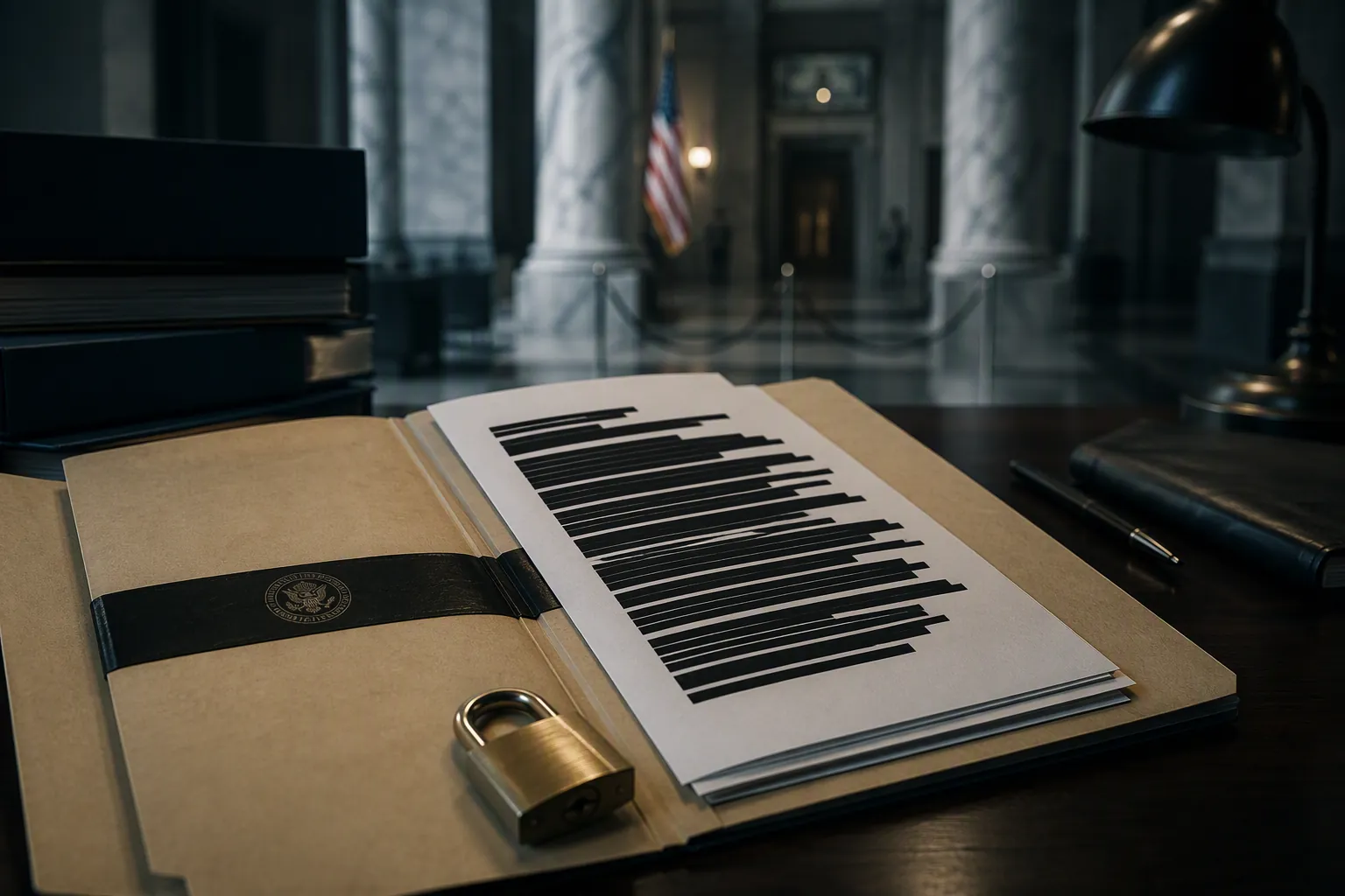 Bank compliance desk with a redacted file, security seal, padlock, and blurred courthouse lobby