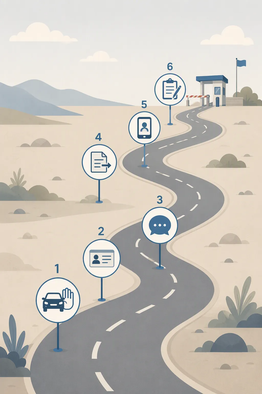 A six-step border response workflow with icons for stopping, ID, explanation, withdrawal, phone counsel, and documentation