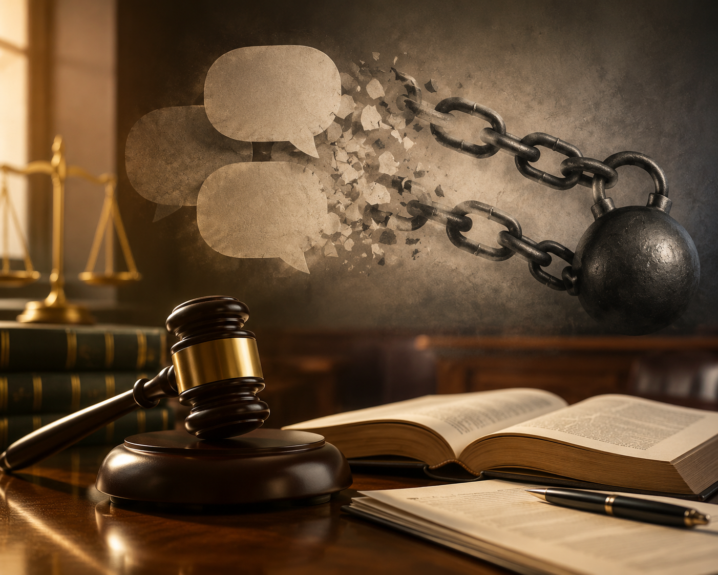 Courtroom desk with a gavel, open law books, and speech bubbles fading into chain-like forms