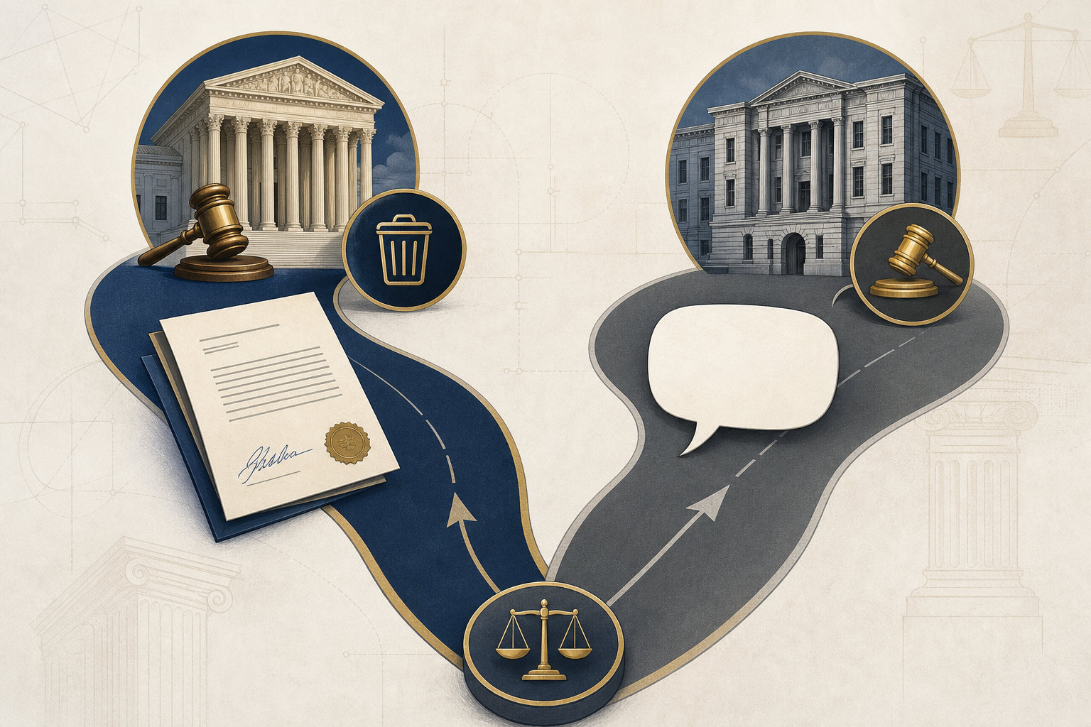 Two diverging legal document paths, one with a written directive and one with an unsupported claim
