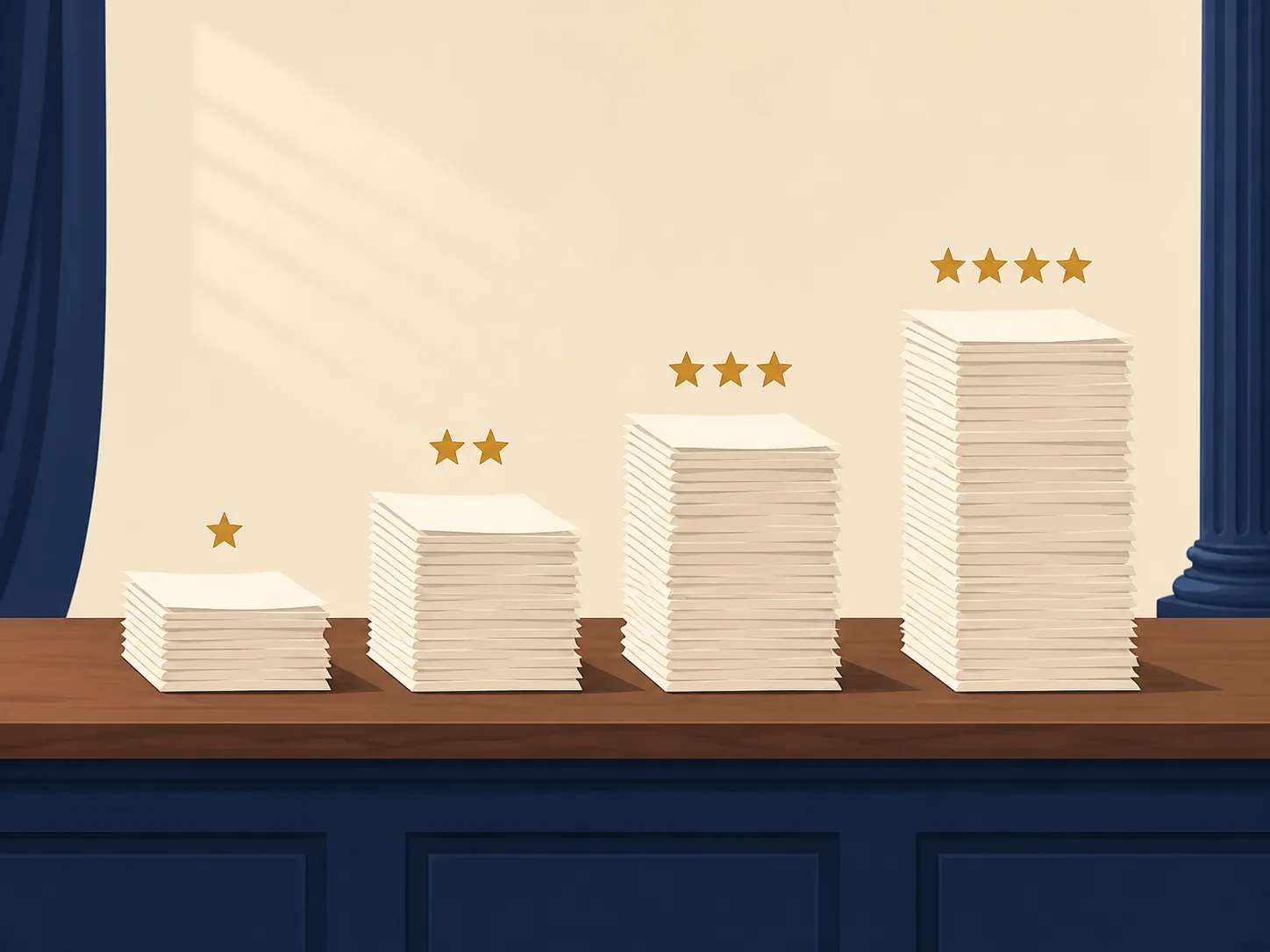 Four stacks of legal documents of different heights symbolizing changing plaintiff-state counts across tariff lawsuit rounds