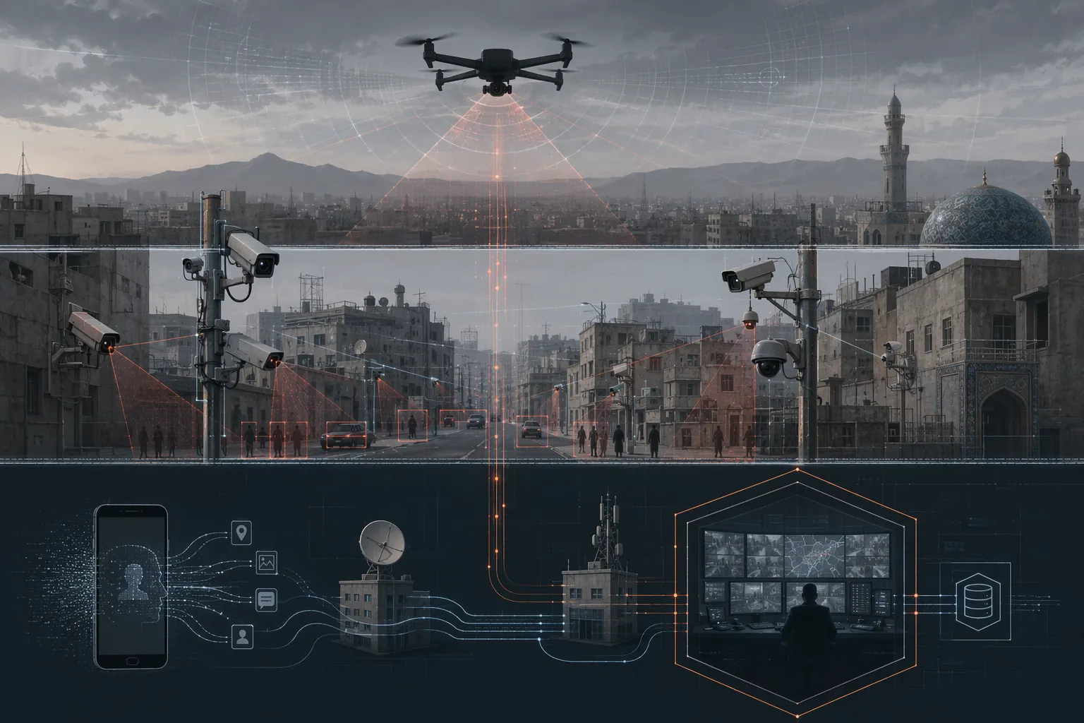 Diagram of drone monitoring, surveillance cameras, and smartphone data feeding a central monitoring hub