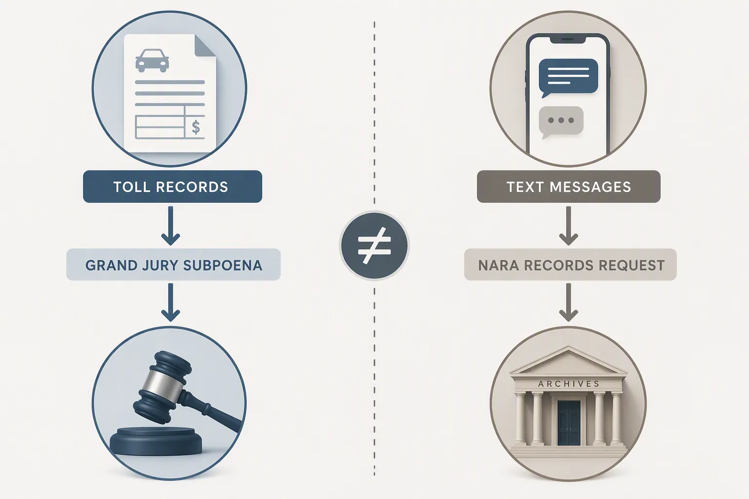 Comparison graphic showing toll records obtained through a grand jury subpoena and text messages obtained through a NARA records path