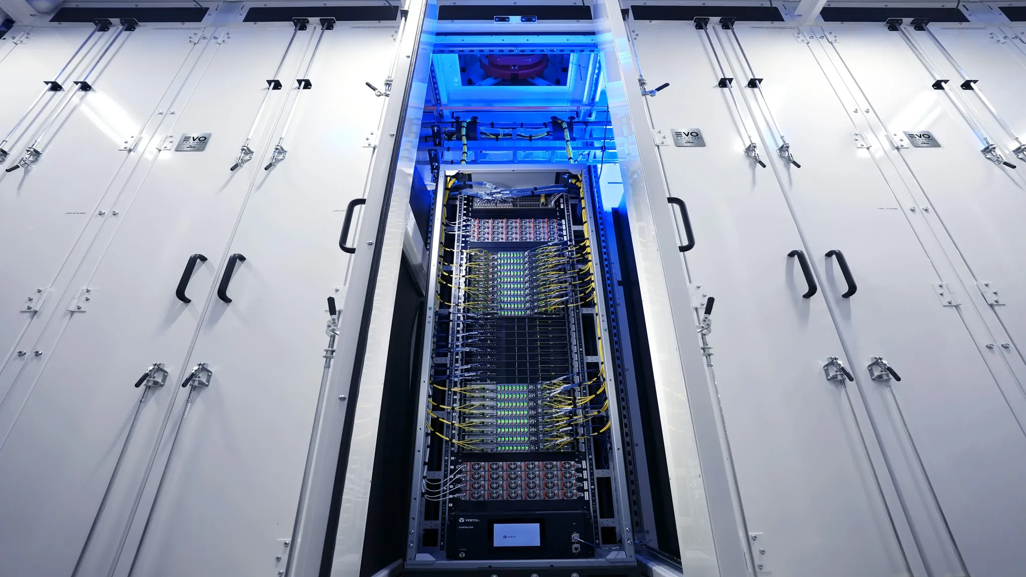 CoreWeave data center aisle with NVIDIA GB300 GPU server racks