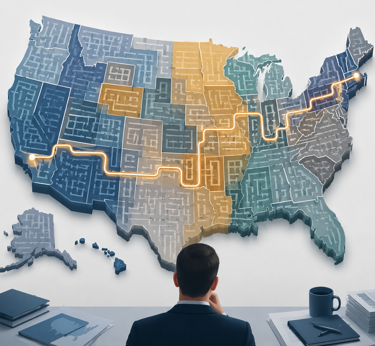 Maze formed by overlapping US state outlines with a campaign-trail pathway through regulatory zones