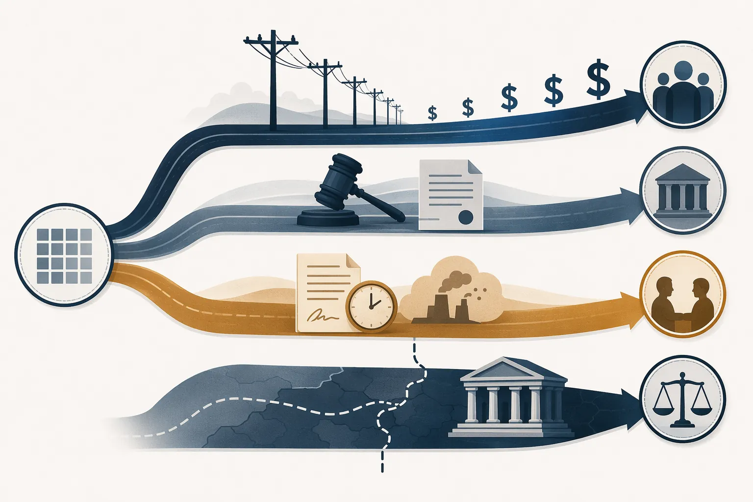 Four legal pathway tracks branching from a grid source point for cost shifting, reliability complaints, contract disputes, and jurisdictional litigation