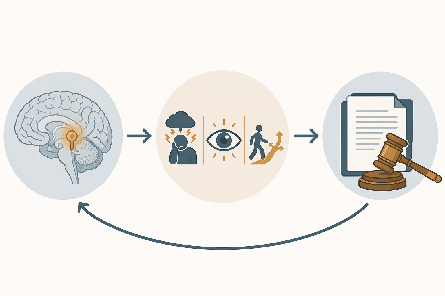 Feedback loop showing a brain aneurysm leading to anxiety and courtroom evidence that circles back to the brain.