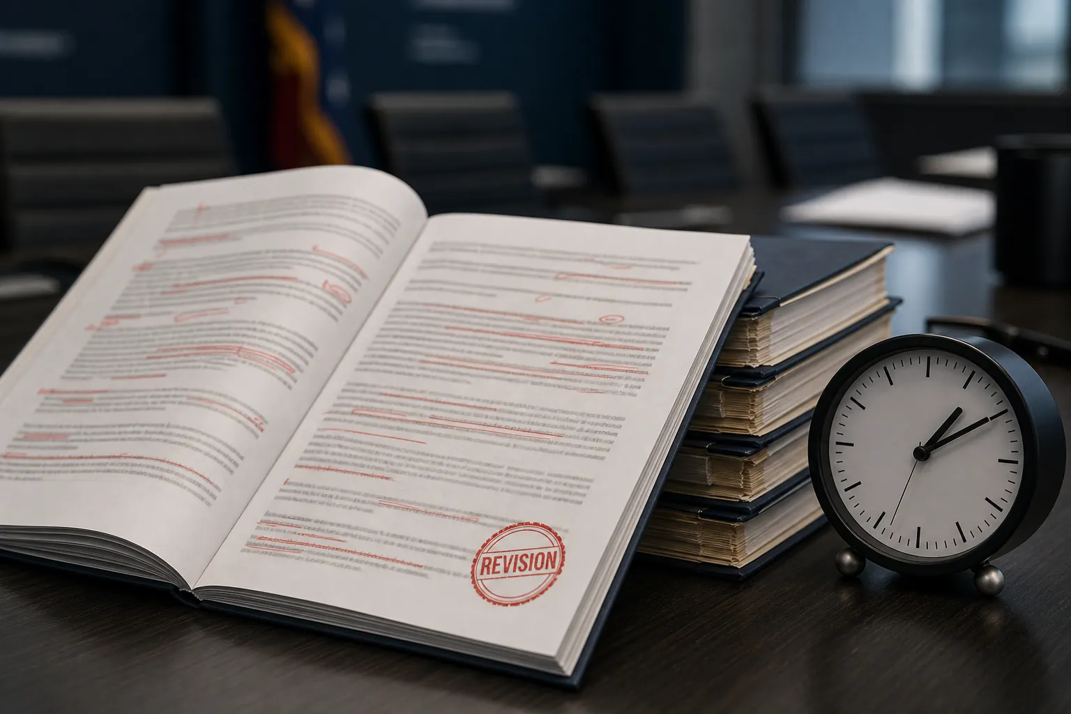 Government policy directive document marked with red revisions beside a desk clock