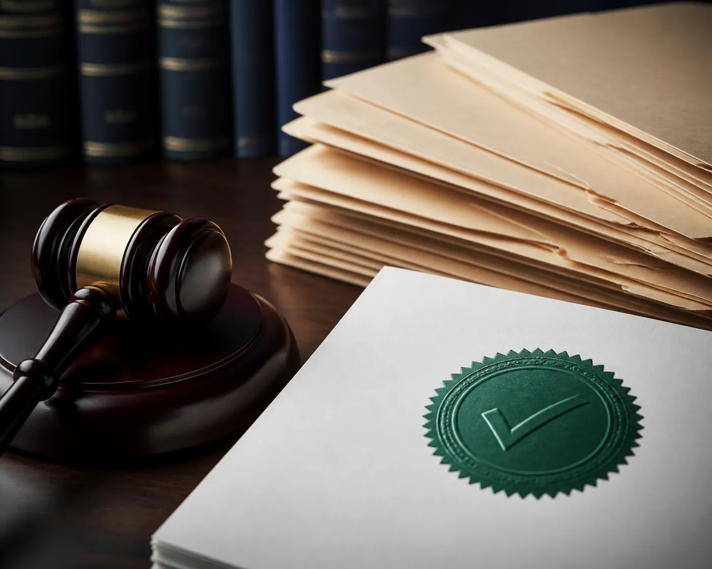 Gavel beside legal case files and a document marked with a verification seal