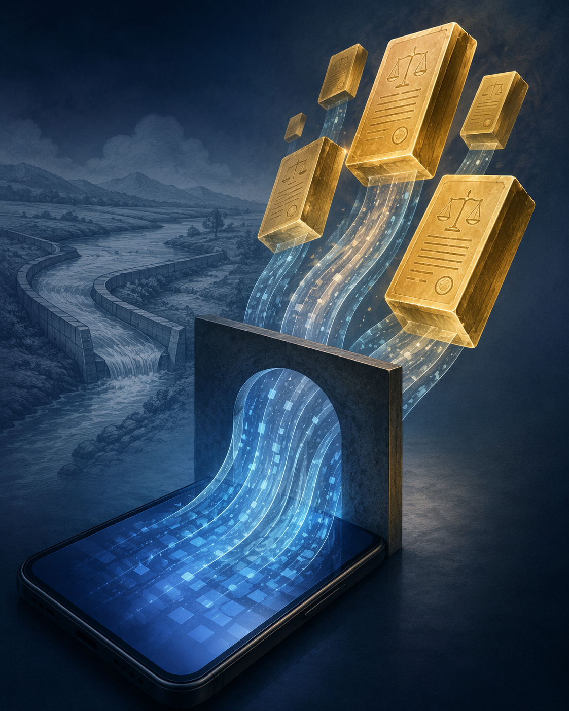 Smartphone data streams turning into solid property blocks with a faint diverted water channel in the background