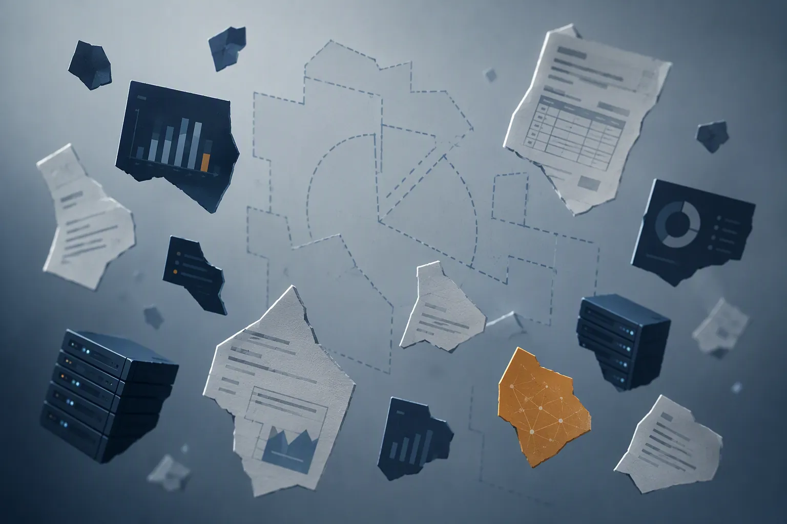 Scattered invoices, contracts, server icons, and dashboards showing fragmented AI spending visibility