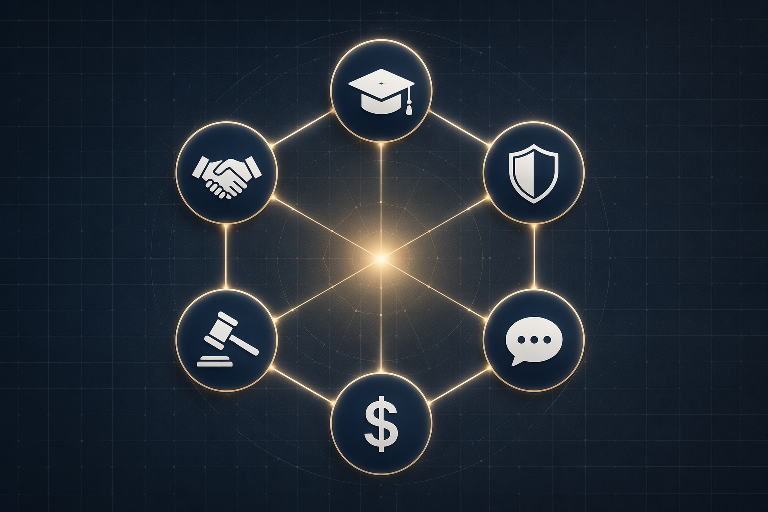 Six connected ethics framework nodes showing icons for competence, confidentiality, communication, fees, candor, and supervision