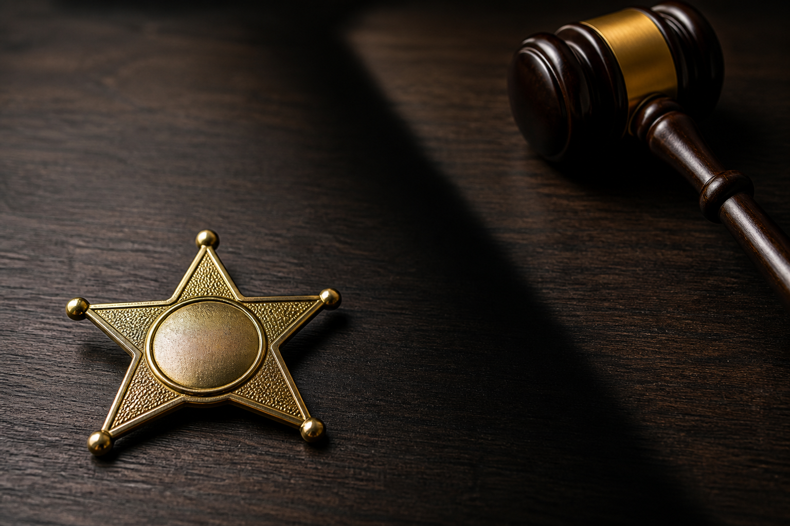 Sheriff badge and gavel separated by a sharp shadow on a dark desk