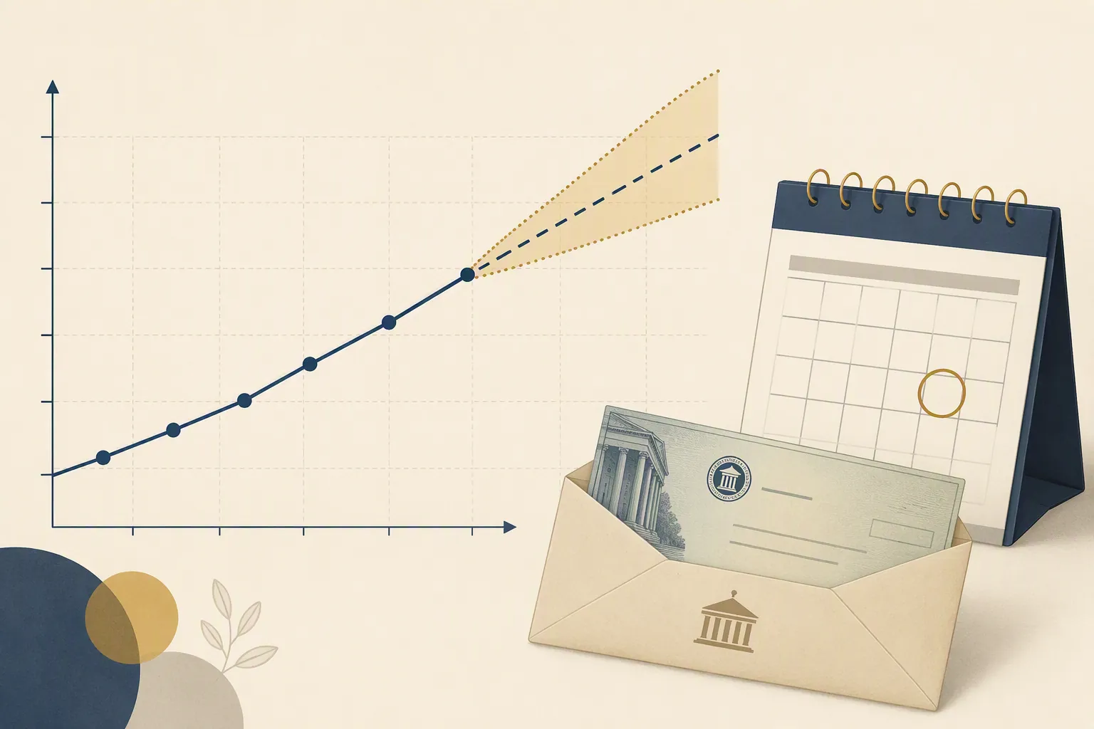 Illustration of a forecast range chart beside a calendar date and a government benefit check envelope