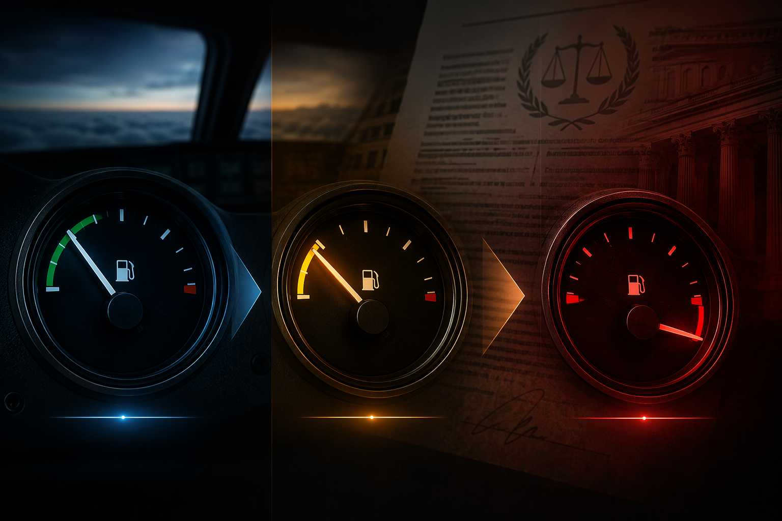 Fuel gauge progression from safe to advisory to emergency with document overlays