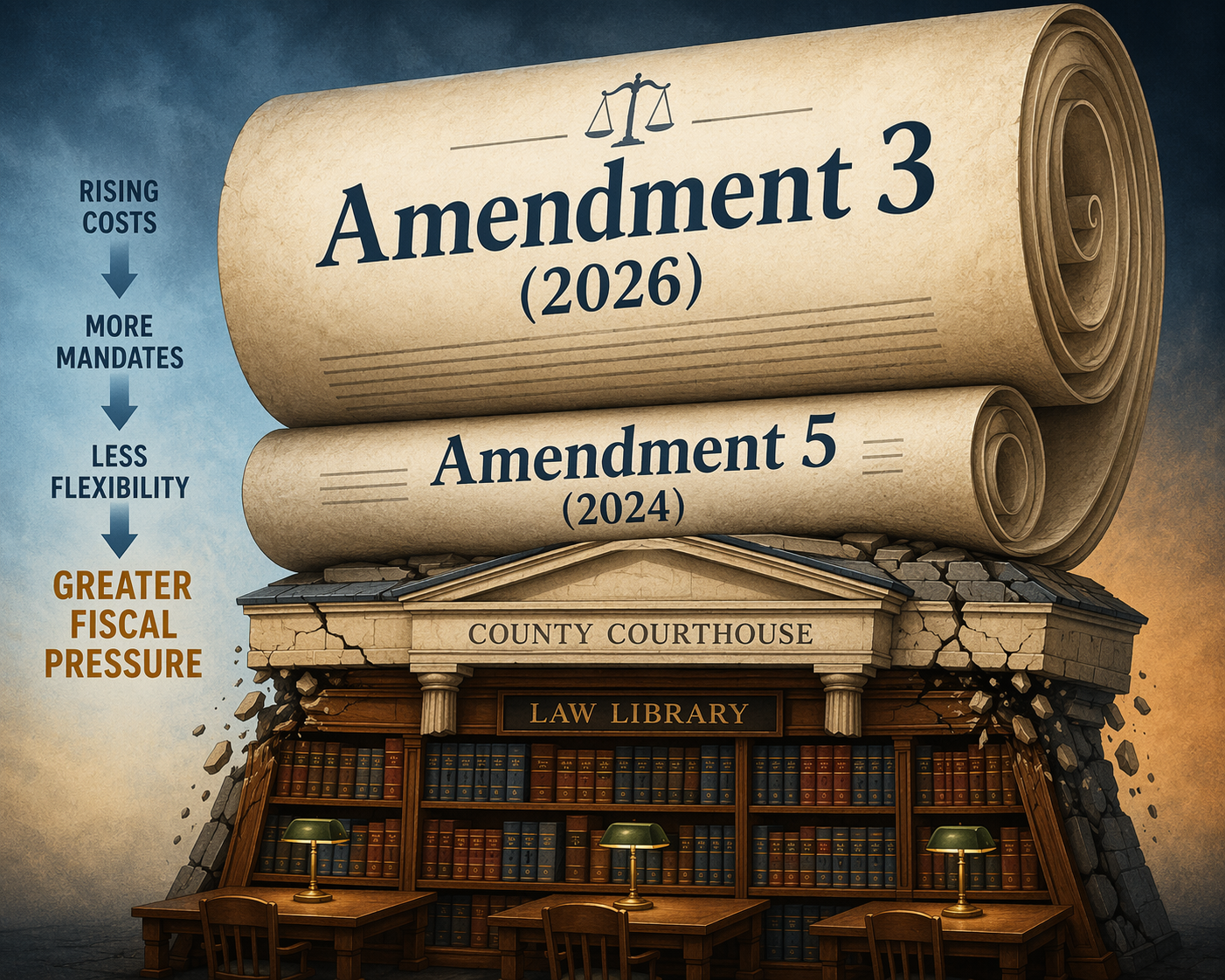 Illustration of Amendment 5 and Amendment 3 documents pressing down on a courthouse and law library shelves