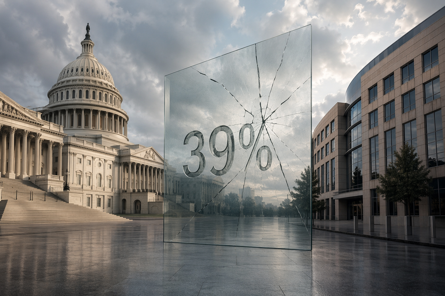 Editorial conceptual image showing the U.S. Capitol building and the FCC headquarters separated by a cracked 39% barrier