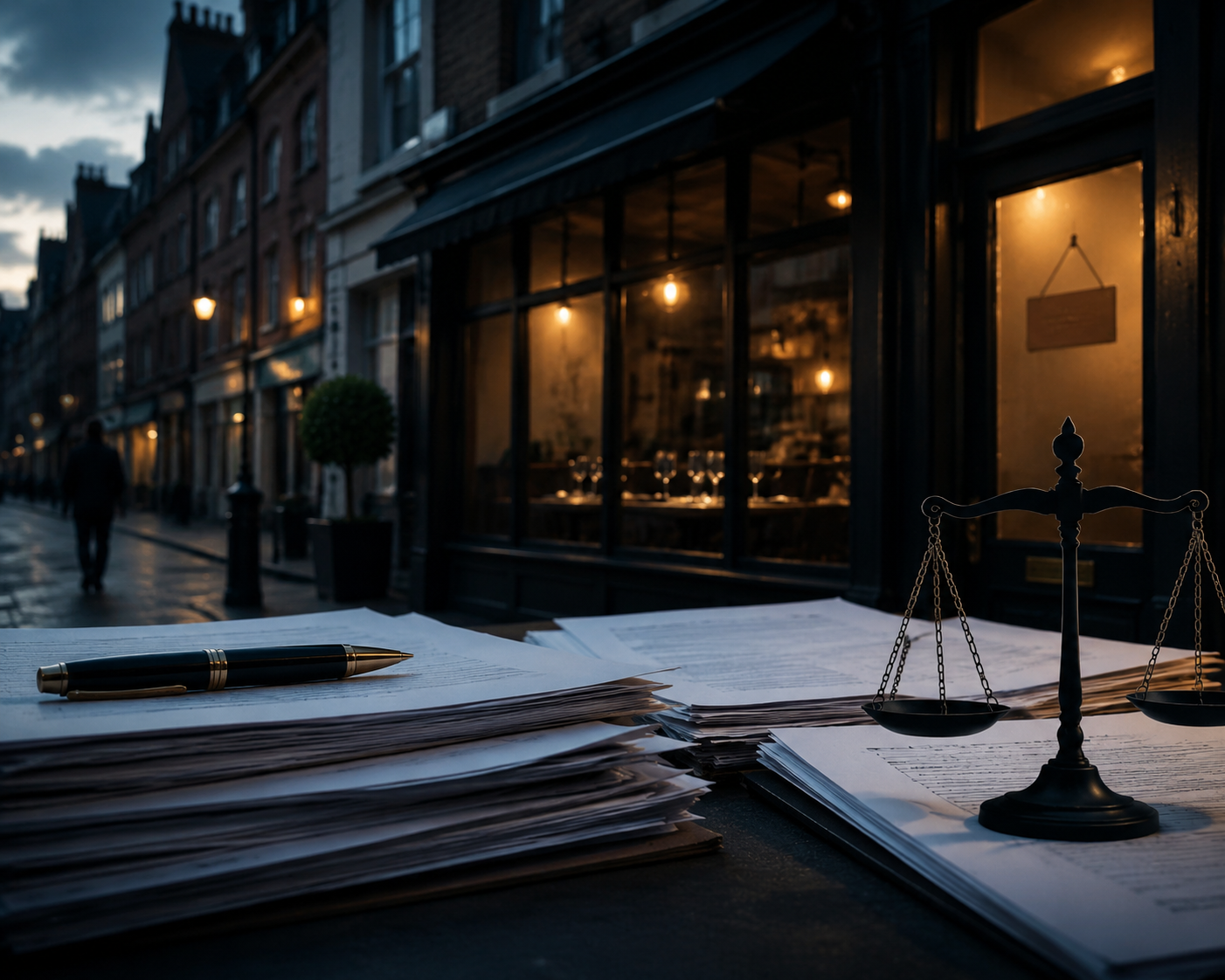 UK high street restaurant facade at dusk with legal document silhouettes