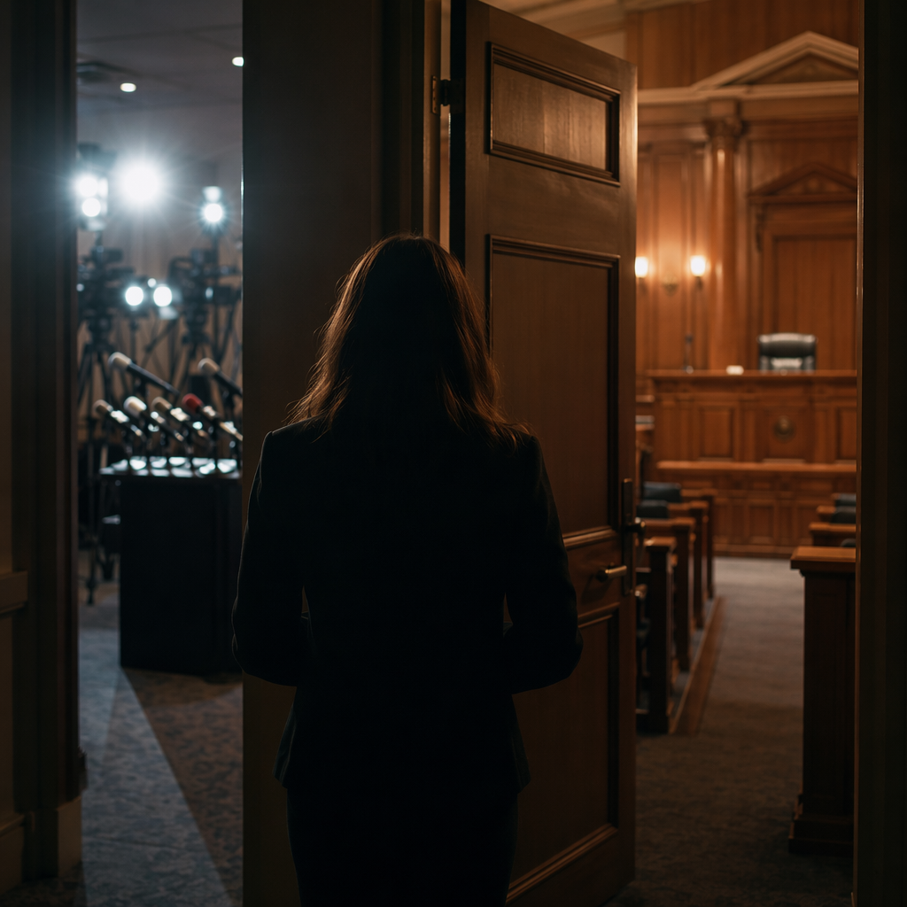 A quiet courtroom doorway contrasting with press-conference lights