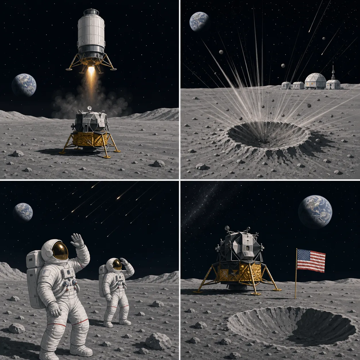 Four lunar debris risk scenarios including lander impact, ejecta damage, astronaut exposure, and heritage-site damage
