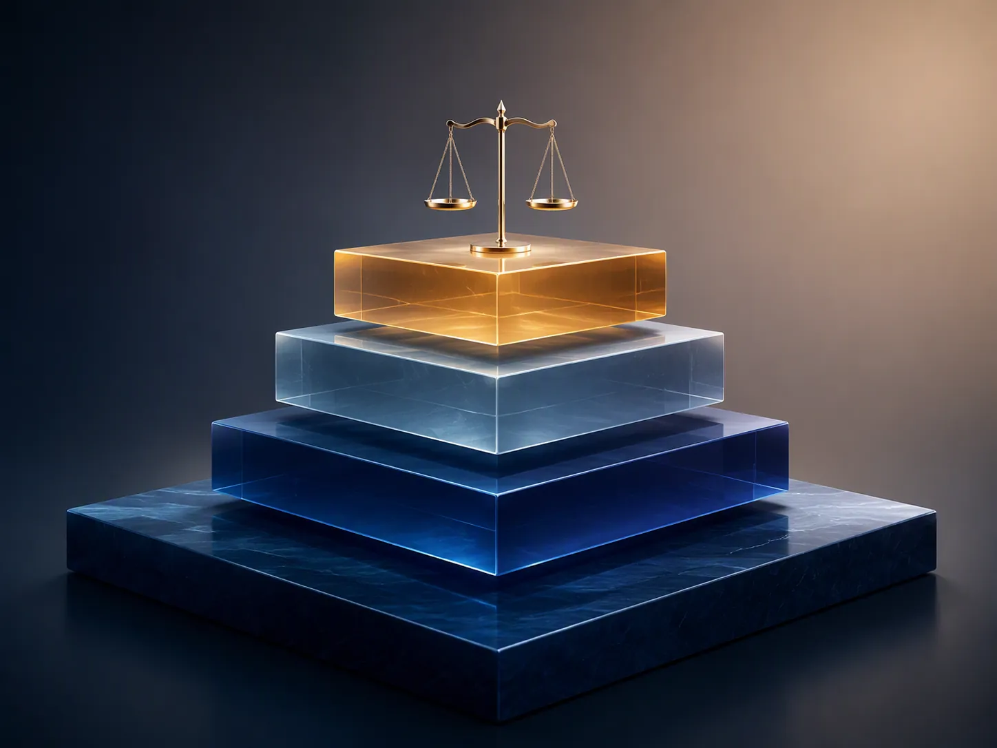 Layered authority structure with translucent tiers and a scales of justice symbol
