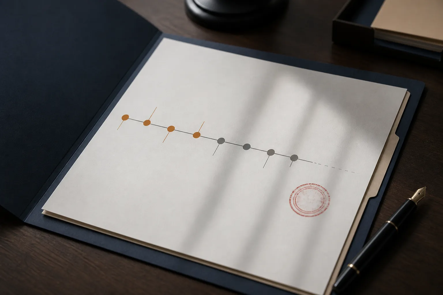 Open legal case file with a dated chronology sheet and unresolved final marker