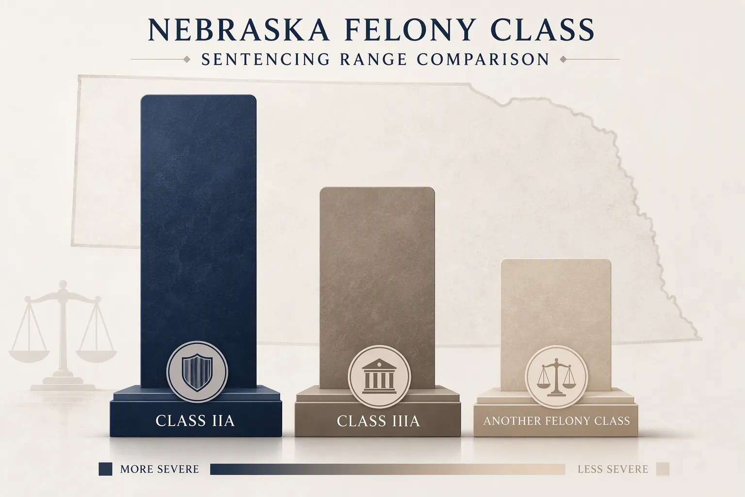 Comparison chart showing Nebraska felony class sentencing severity levels against a faint Nebraska outline