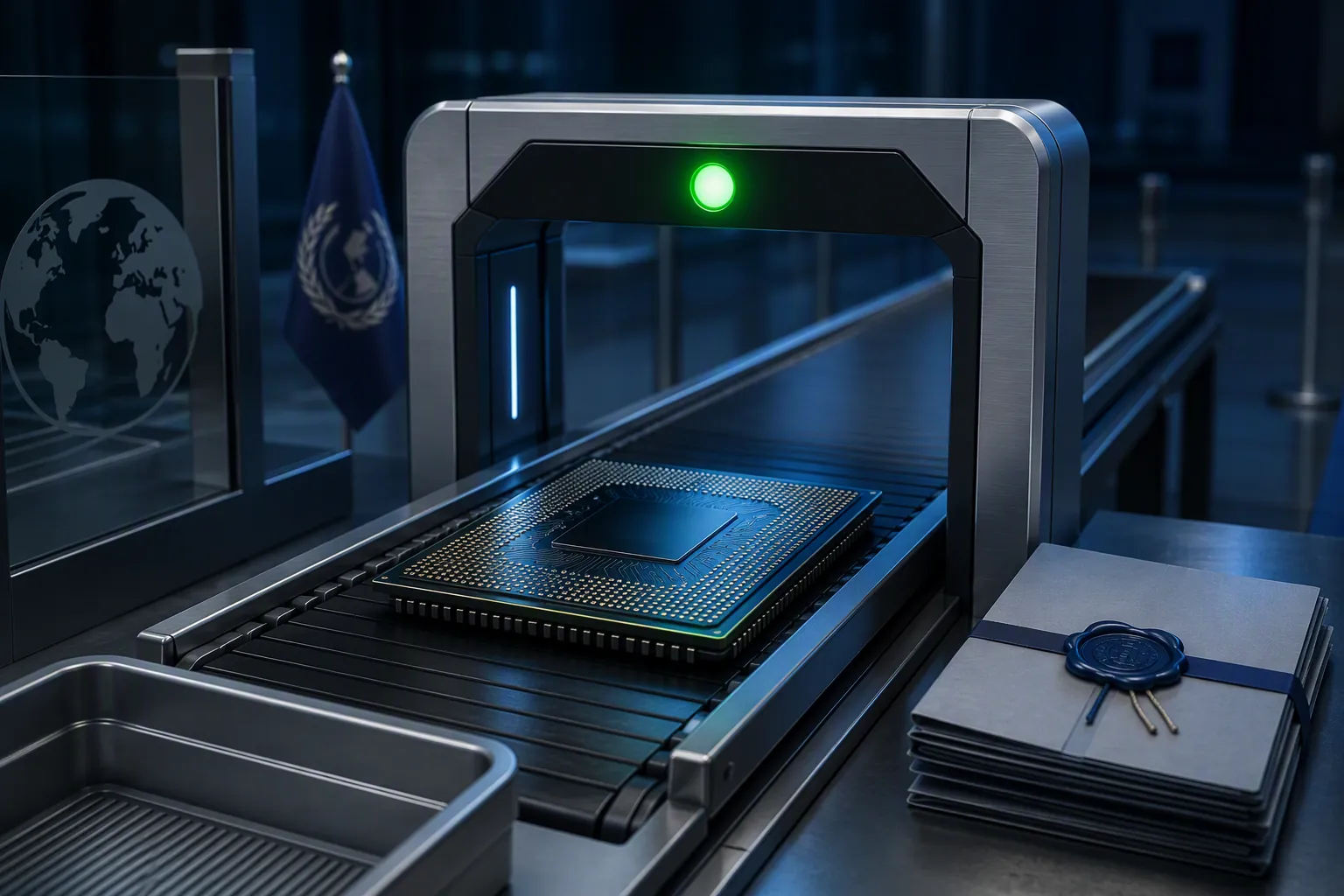 Advanced AI semiconductor chip under a security scanner with sealed document folders