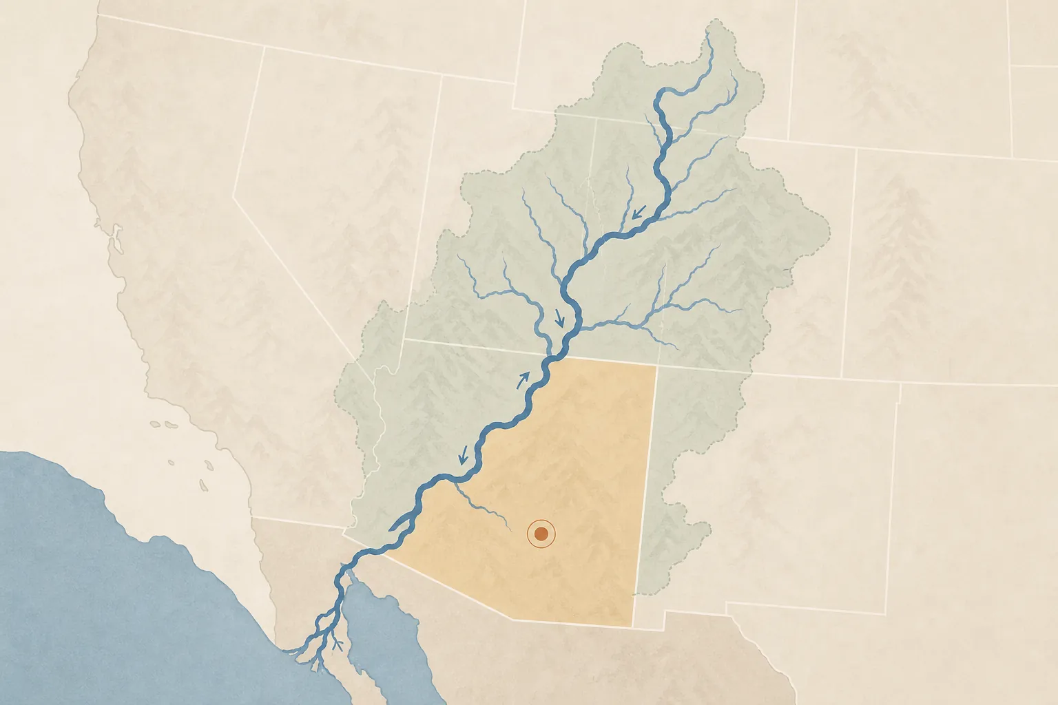 Stylized Colorado River basin map with Arizona highlighted and a Phoenix metro marker
