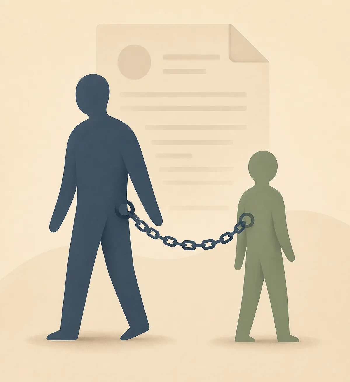 Principal worker and dependent standing side by side connected by a status chain with a document in the background