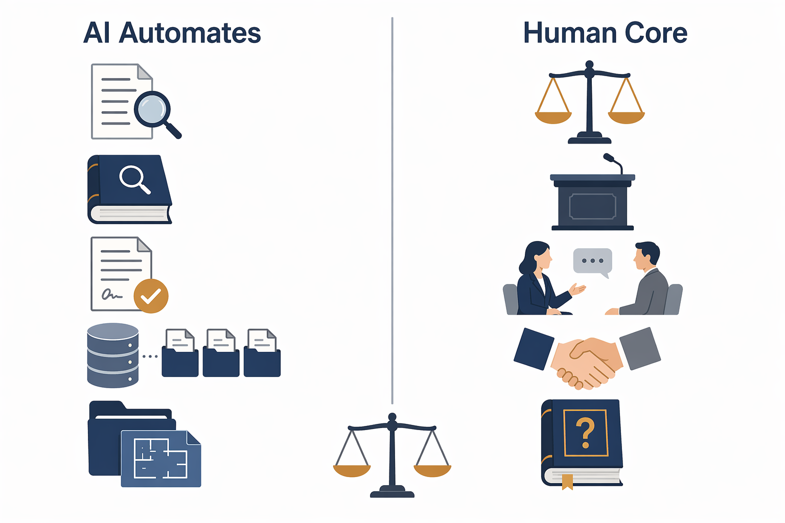 Two-column infographic showing AI-automated tasks on the left and human-core functions on the right, with a balanced scale icon centered below.