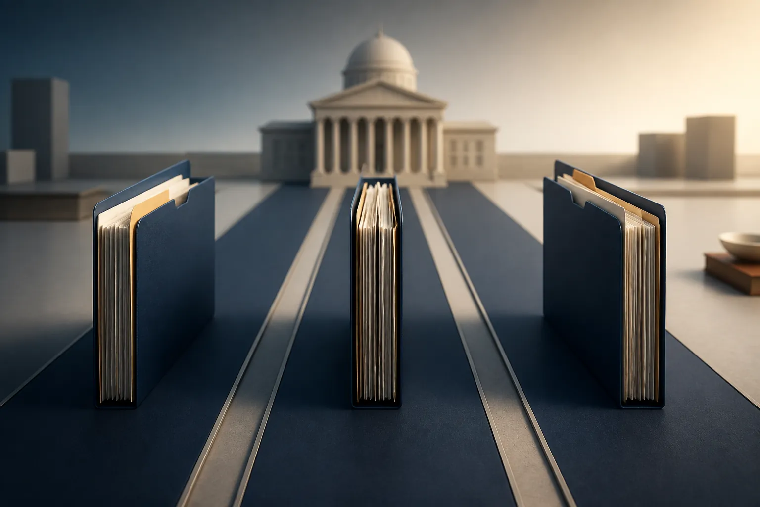 Three legal case files in separate parallel lanes leading toward a courthouse