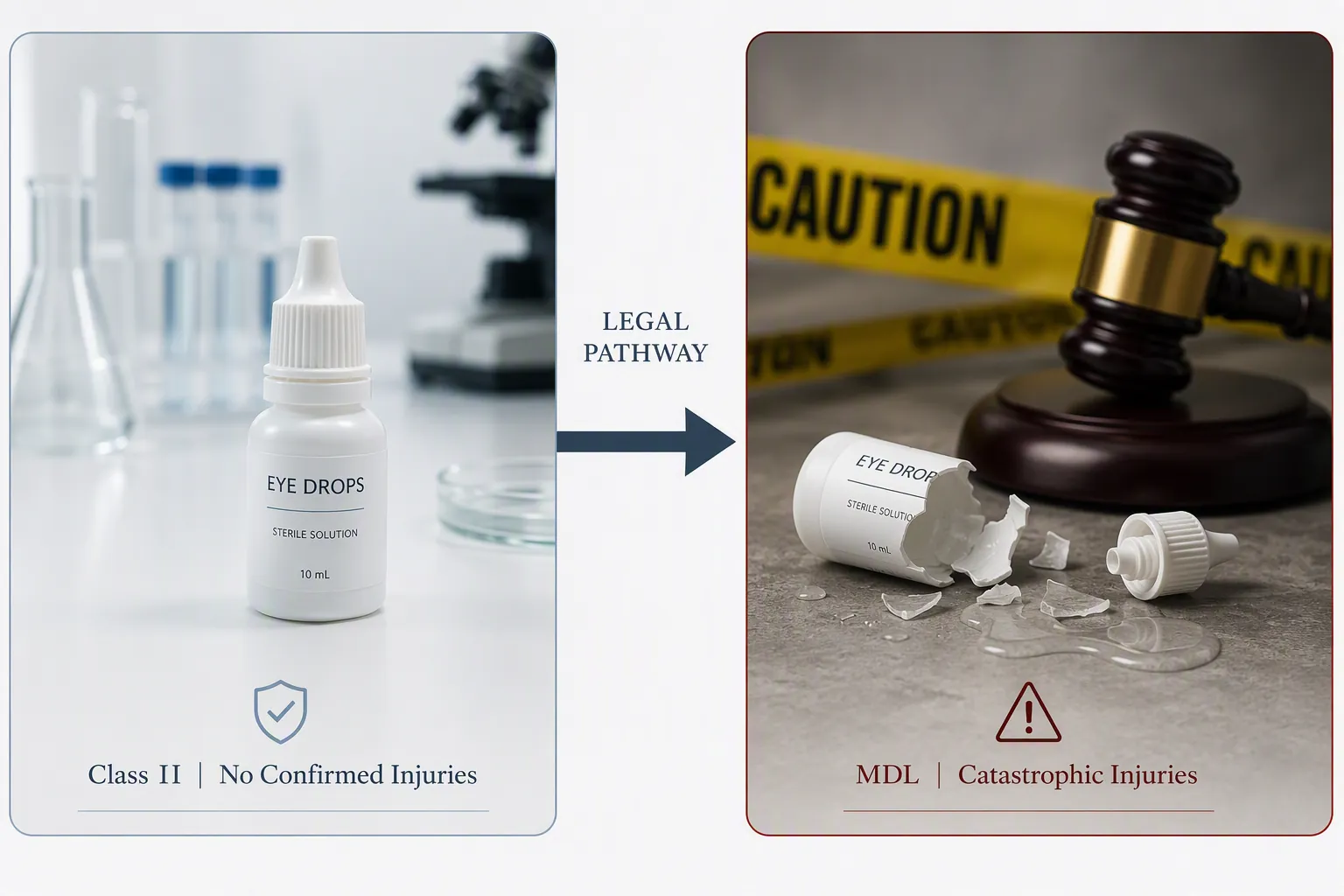 Editorial comparison between a Class II eye drop recall with no confirmed injuries and an MDL involving catastrophic injuries